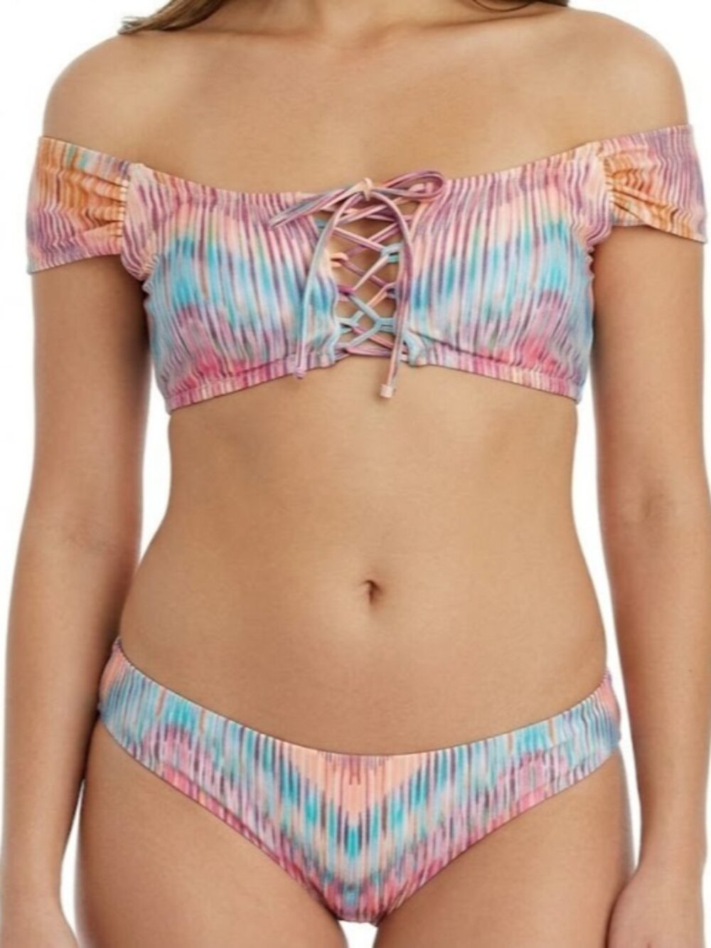 Raisins Island Bra Mai Tai Bikini 2 Pc Set L Juniors Off Shoulder Lace Up Multi